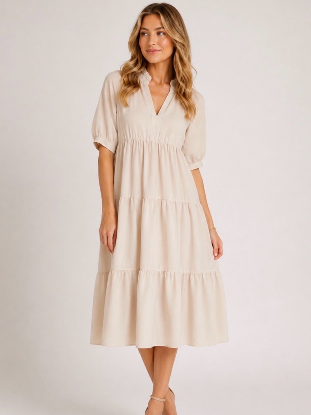 TCEC Tan Tiered Midi Dress Ruffle Collar Puff Sleeve Boutique Size S
